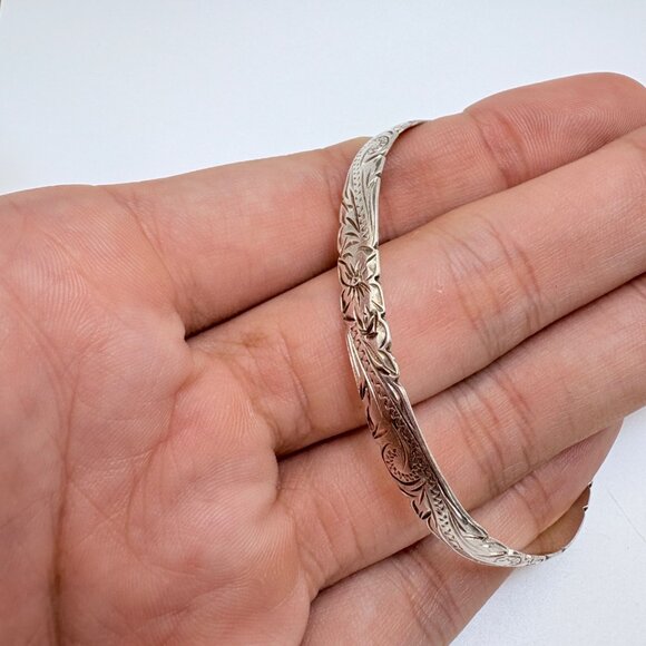 Sterling Silver 925 Scroll Floral Flower Design Bangle Bracelet Size 7.5" Fit - Picture 5 of 9
